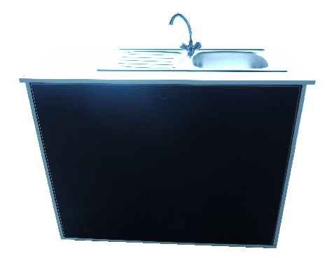 Spültheke autark 60 Liter MODELL RISO, 230V 2,0 kw, mit Boiler, mit 60 Liter Frischwasser / 60 Liter Abwassertank, B 110 x T 60 x H 100 cm, fahrbar, mit Hygienestation, 